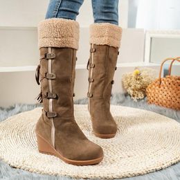 Boots Shoes Female 2023 Knee-High Women's Warm Modern Women Solid Slip-on Fringe Lace-up Round Toe Wedges