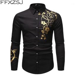 Men's Casual Shirts Stylish Gold Flower Print Black Shirt Men 2021 Spring Slim Fit Long Sleeve Mens Dress Party Male Social S283t