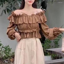 Women's Blouses Autumn Long Sleeve Tops Casual Women Clothing Elegant Gentle Style Off Shoulder Shirt Ruffle Solid Blouse Blusas 28258
