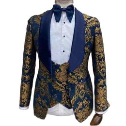 SZMANLIZI 3 Pieces Men Suits Wedding Groom Shawl Lapel Navy Blue Printed Gold Jacquard Tuxedos Slim Prom Dress Suit Men Blazer280A