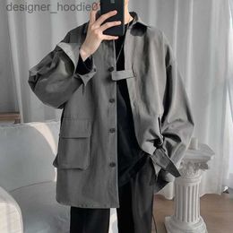 Mens Hoodies Sweatshirts J N Japanese Vintage Time Overall Shirt Mens Handsome Street Wear Spring Autumn Korean Version Trendy Loose Casual LongSleeved Outer Thin L