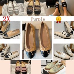 Ballet Flats Shoes Womens Leather Designer Tweed Cloth Two Colour Spliced Bow Round Toe Casual Nude Fishermans Shoe Chenal breathable zapato Size Eur 35-41