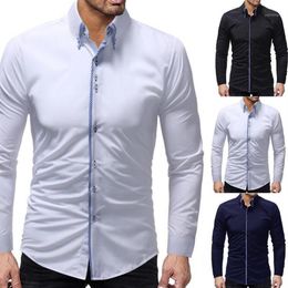 Men's Dress Shirts Trendy Men Solid Colour Long Sleeve Turn Down Collar Button Cotton Slim Business Shirt Christmas Gift For M219L