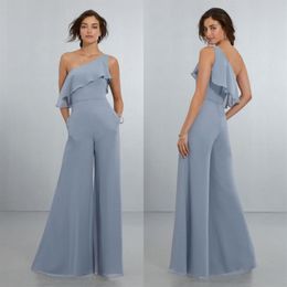 Fashion Jumpsuit Bridesmaid Dresses Ruffled One Shoulder Wedding Guest Dress Floor Length Chiffon Pant Suits Plus Size Maid Of Hon157W