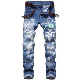 Men's Fashion Hip Hop Jean 3D Skull Printed Denim Trousers Male Streetwear Pants Stretch3390