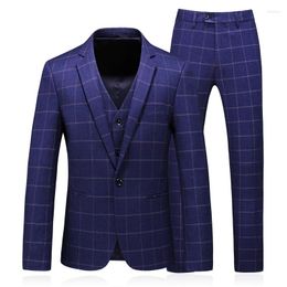 Men's Suits 2023 S-4XL Size Plaid Suit Three-Piece Business Casual Blue