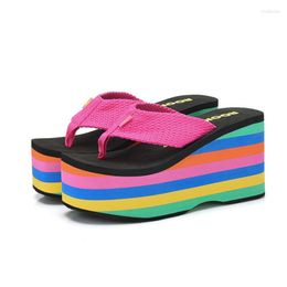 Slippers Summer Rainbow Thick Bottom Sandals High Heel Flip Flops Women's Spring Shoes Casual Beach Slipper Women