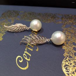 Dangle Earrings 12-13MM Natural Southsea Pearl Drop Earring 18K White Gold With Diamond Feather Fine Women Jewelry