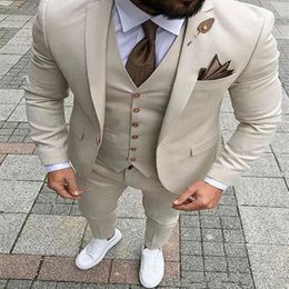 New Beige Men Suits Slim Fit Wedding Groom Tuxedos 3 Pieces Jacket Pants Vest Bridegroom Suits Man Blazer297p