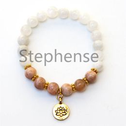 MG0652 2A Grade Moonstone & Sunstone Bracelet Natural Gemstone Chakra Lotus Charm Yoga Bracelet New Design Balance Mala Bracelet282P