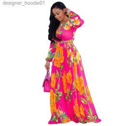 Basic Casual Dresses Printed Vintage Women Floral Maxi Dress Plus Size Long Sleeves V Neck Chiffon Loose Robe Dresses Beach Vestidos 2019 New P4ZS L230916