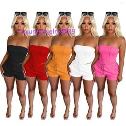 Women's Tracksuits 2023 Women's Clothing Pure Color Tube-Top Drawstring Lace Shorts Casual Two-Piece Suit Lady Sexy Night Club Style