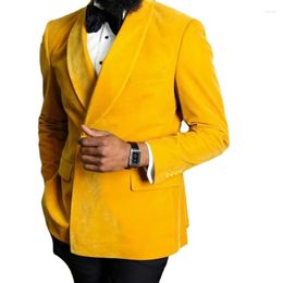 Men's Suits Yellow Velvet For Men African With Double Breasted 2 Piece Party Wedding Groom Tuxedo Fashion Set Blazer Black Pant