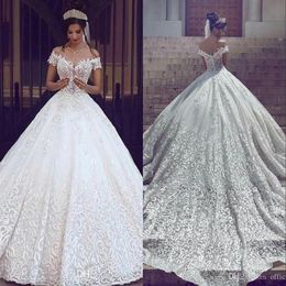 2023 New Vintage Lace A Line Wedding Dresses Sexy Off the Shoulder Short Sleeves Applique Sweep Train Bridal Gowns Custom Made211A