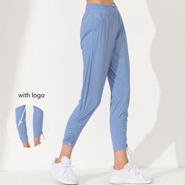 Active Pants Lu Brand With Logo Ladies Pocket Elastic Jogger Quick Dry Breathable Mesh Wide Leg Yoga Sports Fitness Leggings