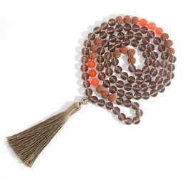 Rudraksha&Tea Crystal 108 Mala Beads Knotted Necklace Men And Women Charm Fashion Jewelry For Friendship Gifts Khaki Tassels Penda3097