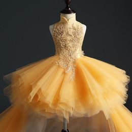 Golden Tulle Girl's Pageant Dress Birthday Party Dress Hi-Lo Sequin Beads Flowers Girl Princess Dress Fluffy Kids First Commu259N