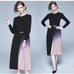 New design women's knitted o-neck long sleeve with belt sashes high waist patchwork chiffon gradient pleated midi long dress274H