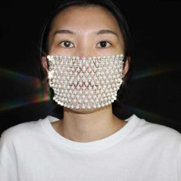 2020 Shiny Rhinestone Pearl Face Mask Decorations for Women Bling Elasticity Crystal Cover Face Jewelry Cosplay Decor Party Gift Q209J