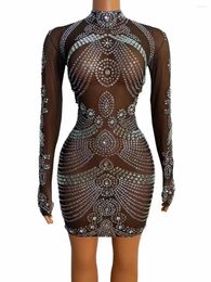 Stage Wear Full Diamond Bodycon Talent Show Costume Rhinestone Transparent Short Dress Evening Bar Birthday Celebrate Prom Party