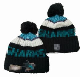 SHARKS Beanies Cap Wool Warm Sport Knit Hat Hockey North American Team Striped Sideline USA College Cuffed Pom Hats Men Women a0