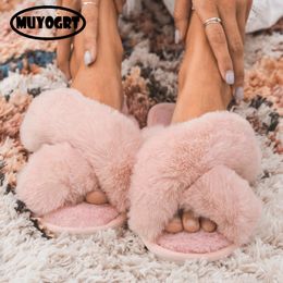 Slippers Winter Women Fashion Cross Fluffy Fur Slipper Home Slides Platform Flat Indoor Floor Flip Flops Ladies Shoes 230915