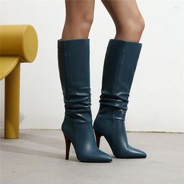 Boots YMECHIC Winter Stiletto High Heel Sexy Long Pleated Blue Red Black Knee Riding Boot Pointed Toe Fashion Ladies Shoes