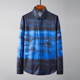 Allover Printed Blue Mens Shirts Luxury Long Sleeve Silk Floral Casual Male Shirts Fashion Slim Fit Party Man 3XL217F