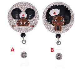 Newest Style Key Rings Black Girl Rhinestone Retractable ID Holder for nurse name accessories badge reel with alligator clip295e