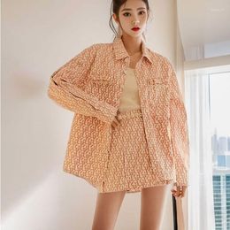 Women's Trench Coats 2023 Autumn Premium Pearl Print Sweet Denim Long Sleeve Shirt High Waist Half Skirt Set L8032