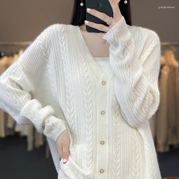 Women's Knits Spring And Autumn Pure Wool Cardigan Female V-neck Twisted Flower Hollow Loose Leisure Sweater Knitted Lazy Coat