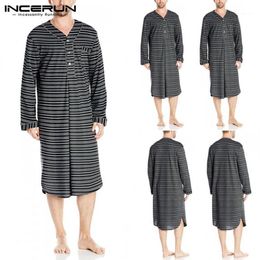 Men's Sleep Robes Striped Long Sleeve V Neck Homewear 2020 Leisure Nightgown Comfy Bathrobes Pajamas Mens Kaftan INCERUN S-5X293d