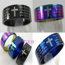 Whole Jewelry Lots 50pcs English Lord's Prayer Bible Cross Stainless Steel Rings Men's Fashion Jesus Wedding Rings R271O
