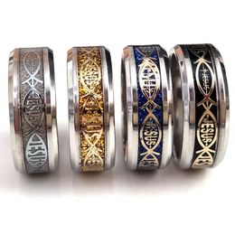 24pcs lot High Quality Jesus Letter 316L Stainless Steel Ring Top Colour Mix Religious Christian Fish Finger Rings Men Women Weddin283G