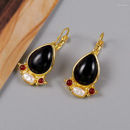 Dangle Earrings Black Onyx Yellow Gold Plated Leverback For Women Elegant Pearl Drop Earring Jewelry