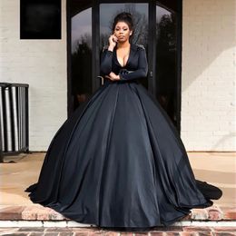 Plus Size Special Occasion Dresses Girl New Custom Lace Up Zipper Evening Dresses Prom Party Gown A Line Long Sleeve V-Neck Satin Black Crystal