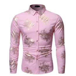 Fashion Pink Floral Foil Print Shirt Men 2019 Brand Slim Long Sleeve Mens Dress Shirts DJ Club Party Stage Prom Chemise Homme258a