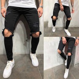 High Streetwear Men Knee with Holes Decor Black Jeans with Zipper Slim Fit Elasticity Skinny Ripped Pants Forward Men's Jeans255F