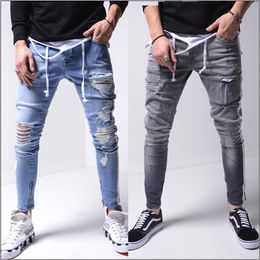 Men's Jeans Mens Retro Blue Gray Side Stripes Hole High Street Pleated Slim Stretch Long Denim Hip Hop Pants Pencil For Male266A