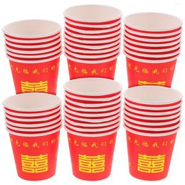 Disposable Cups Straws 100pcs Chinese Wedding Red Outfit Portable Juices Cup Paper Teacup For Party