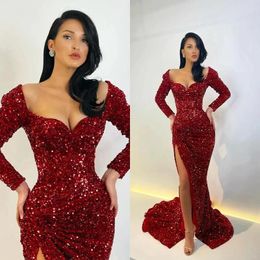 Party Dresses Sexy Wine Red Prom Long Sleeves Sequins Sweetheart Split Formal Gowns Maxi Women Night Evening