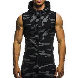 Men's Tank Tops Male Summer Sweatshirt Men Military Slim Top Camouflage Gyms Fitness Zipper Hooded Vest Sleeveless Hoodie Tees MY078 230915