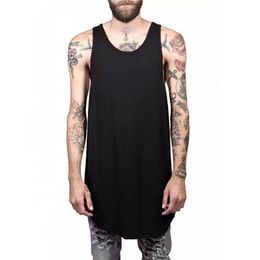 Whole- Men Summer Hip Hop Extend Long Tank Top Men's White Vest Fashion Swag Sleeveless Cotton Solid Tops316Y