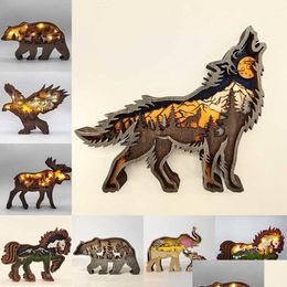 Other Home Decor Animal Bear Wolf Deer Horse Bird Craft Laser Cut Wood Gift Art Crafts Forest Table Decoration Statues Ornaments Room Dhwfm