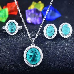 Necklace Earrings Set Luxury Paraiba Zircon Jewellery Exquisite Oval Pendant 925 Silver Unusual Eternity Wedding Ring For Women