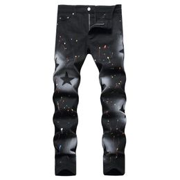 Mens Jeans Style Black Colored Paint Stretch High Street Star Print Slim Elastic Skinny Denim Pants Pencil 230915