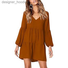 Basic Casual Dresses Women Tunic Casual Dresses V Neck Loose Flowy Swing Shift Mini Dress Long Sleeve L230916