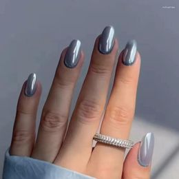 False Nails Press On Laser Aurora Silver Grey Nail Anti French Shining Oval Round Head Full Cover Manicure 24pcs Art