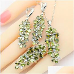Earrings Necklace Green Peridot 925 Sier Jewellery Sets For Women 5 Colours Stones Pendant Ring Gift Drop Delivery Dhgarden Dhlia