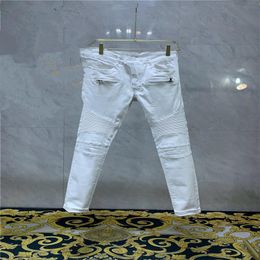 Designer Mens Jeans Vintage Fold Style Hole Fashion White Denim Trousers Slim-leg Motorcycle Biker Causal Men s Hip Hop Pants Size313U
